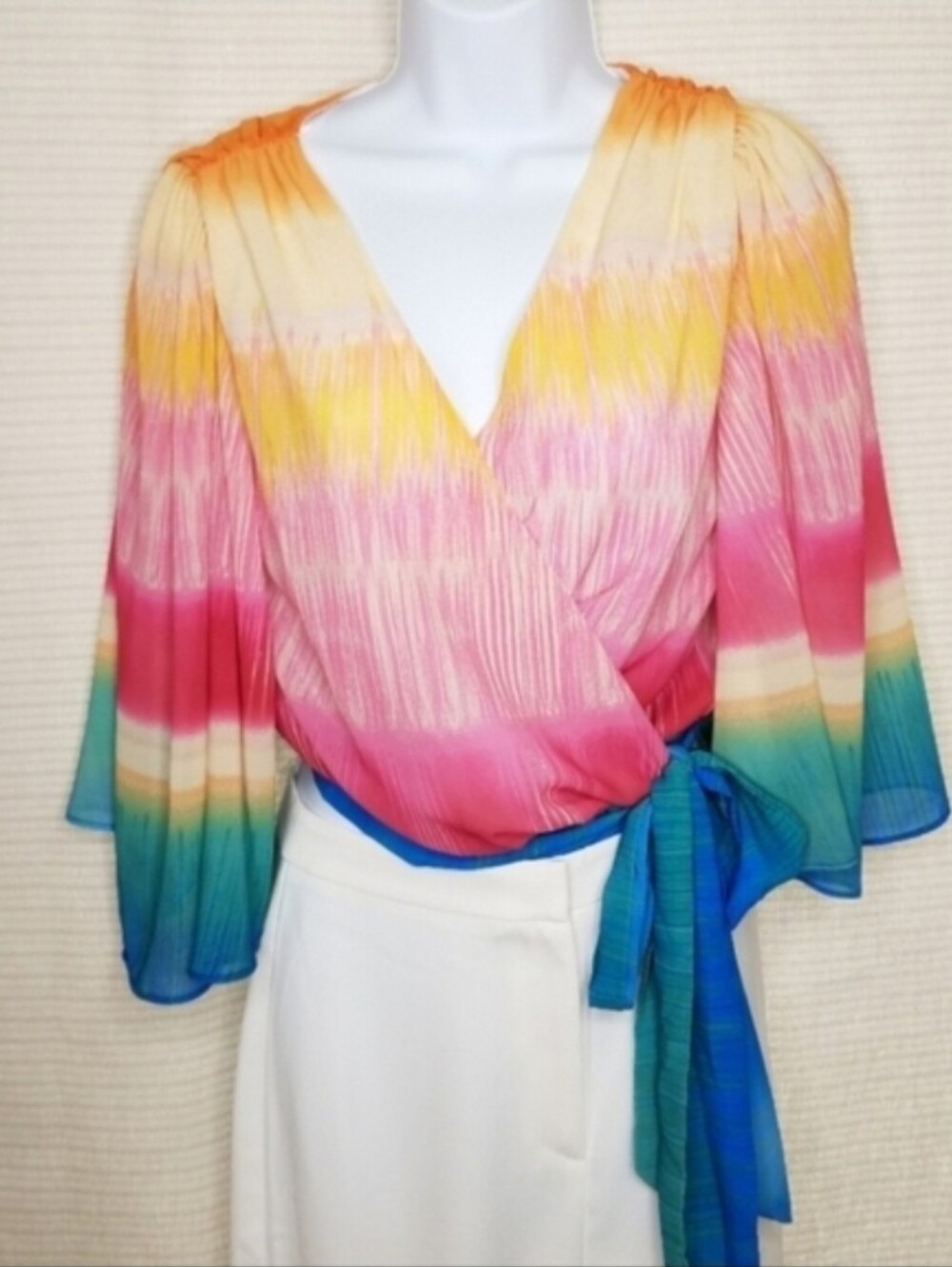 Jealoys Tomato Vibrant Multi-Color Wrap Top with Tie Waist - Picture 4 of 10